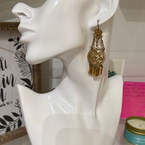 Handcrafted Gold Toned Antique Dangle Earrings with Floral Design